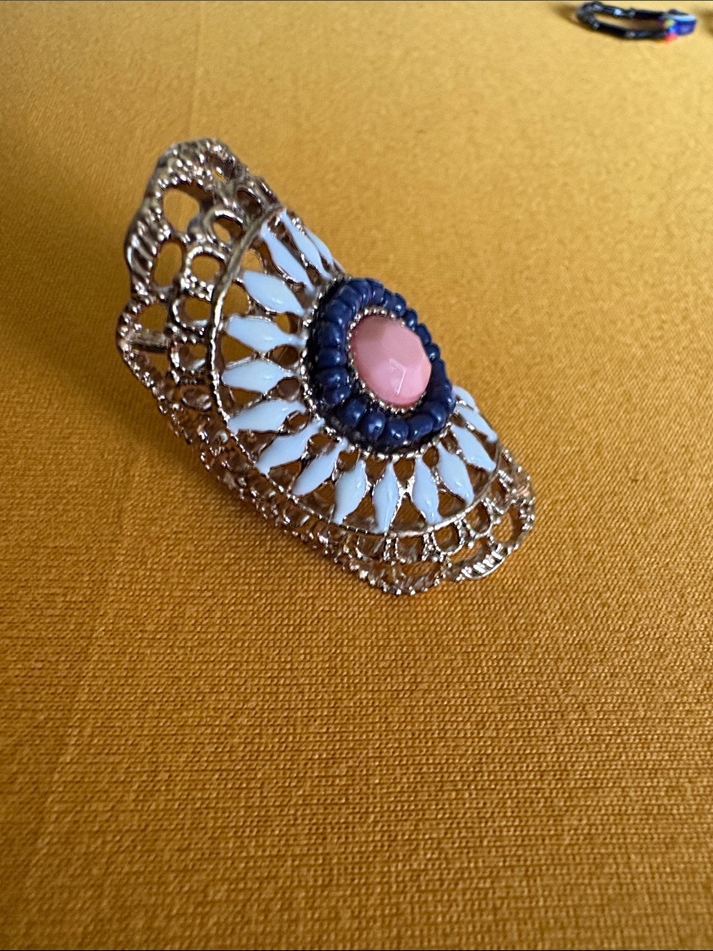 Gold Filigree Statement Ring with Pink and Blue Accents